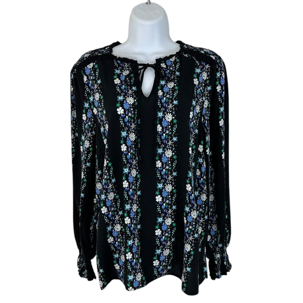 Talbots Women's Size M Dark Floral Striped Smocked Black Blouse - Picture 2 of 9